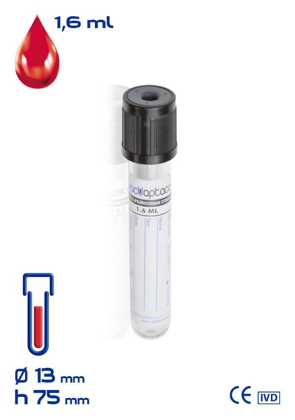 Вакуумні пробірки ESR з ПЕT, з 3,8% 4NC, об. 1.6ml (мл), діаметр 13x75mm (мм) стерильні, чорна кришка та етикетка (100 шт/уп) (30300)